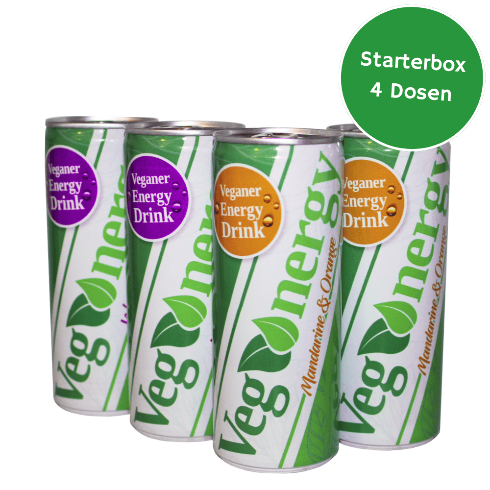 Vegenergy Starterbox mit insgesamt vier Dosen, zwei mit der Sorte Mandarine & Orange und zwei mit der Sorte Waldfrucht