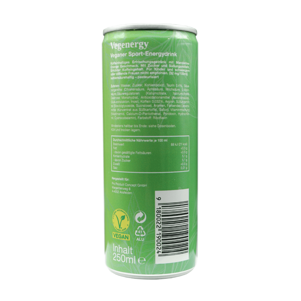 Vegenergy Mandarine & Orange von hinten – Inhaltsstoffe, Nährwerte und Zutatenliste auf der Rückseite der veganen Energy-Drink-Dose.