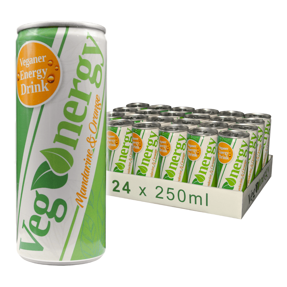 Vegenergy Mandarine & Orange Energy Drink – große Einzeldose links, rechts 24er-Tray mit veganem, belebendem Energy Drink für Sport und Alltag.