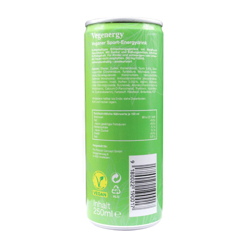 Vegenergy Waldfrucht von hinten – Zutatenliste und Nährwertangaben auf der Rückseite der veganen Waldfrucht-Energydose.