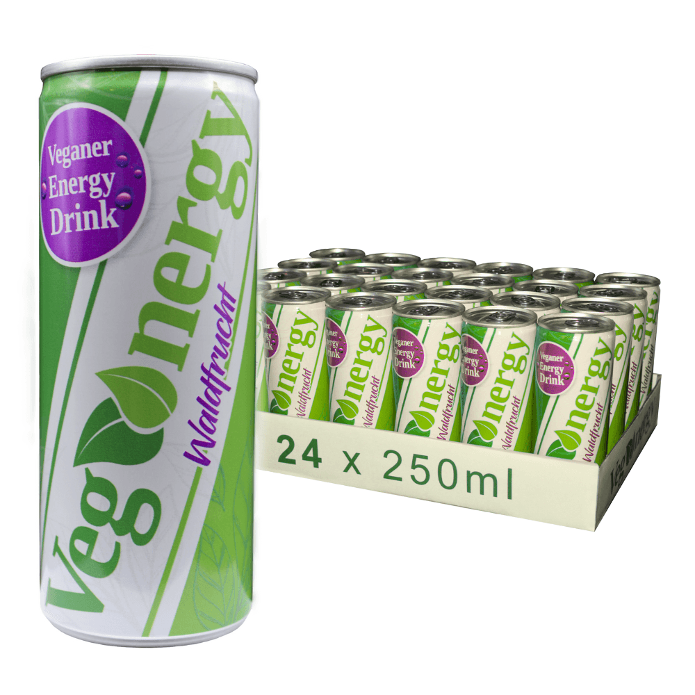 Vegenergy Waldfrucht Energy Drink – links große Einzeldose, rechts ein 24er-Tray mit fruchtigem, veganem Energiekick für aktive Menschen.