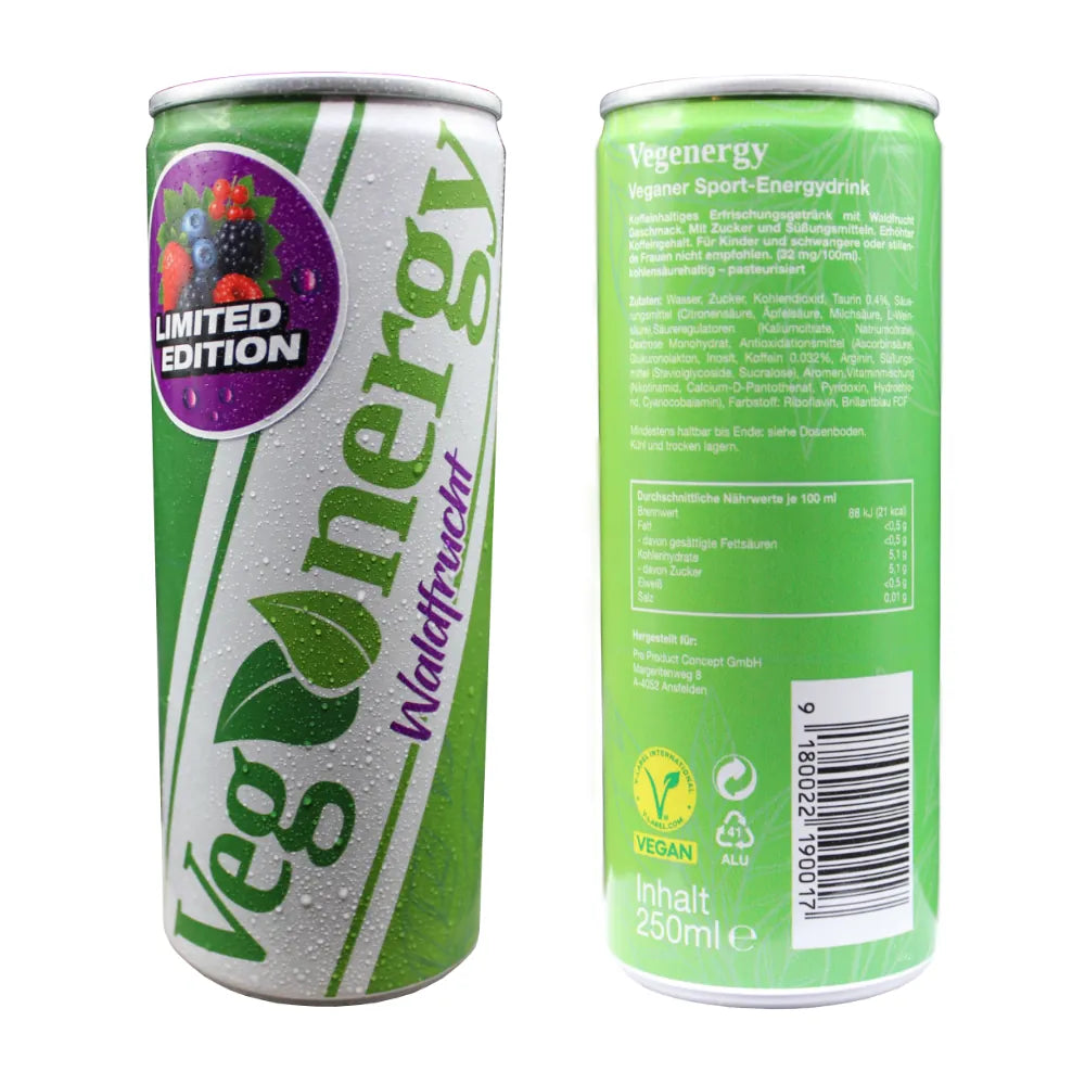 Zwei große Vegenergy Waldfrucht Limited Edition Dosen – links die Vorderseite mit Branding, rechts die Rückseite mit Inhaltsstoffen.
