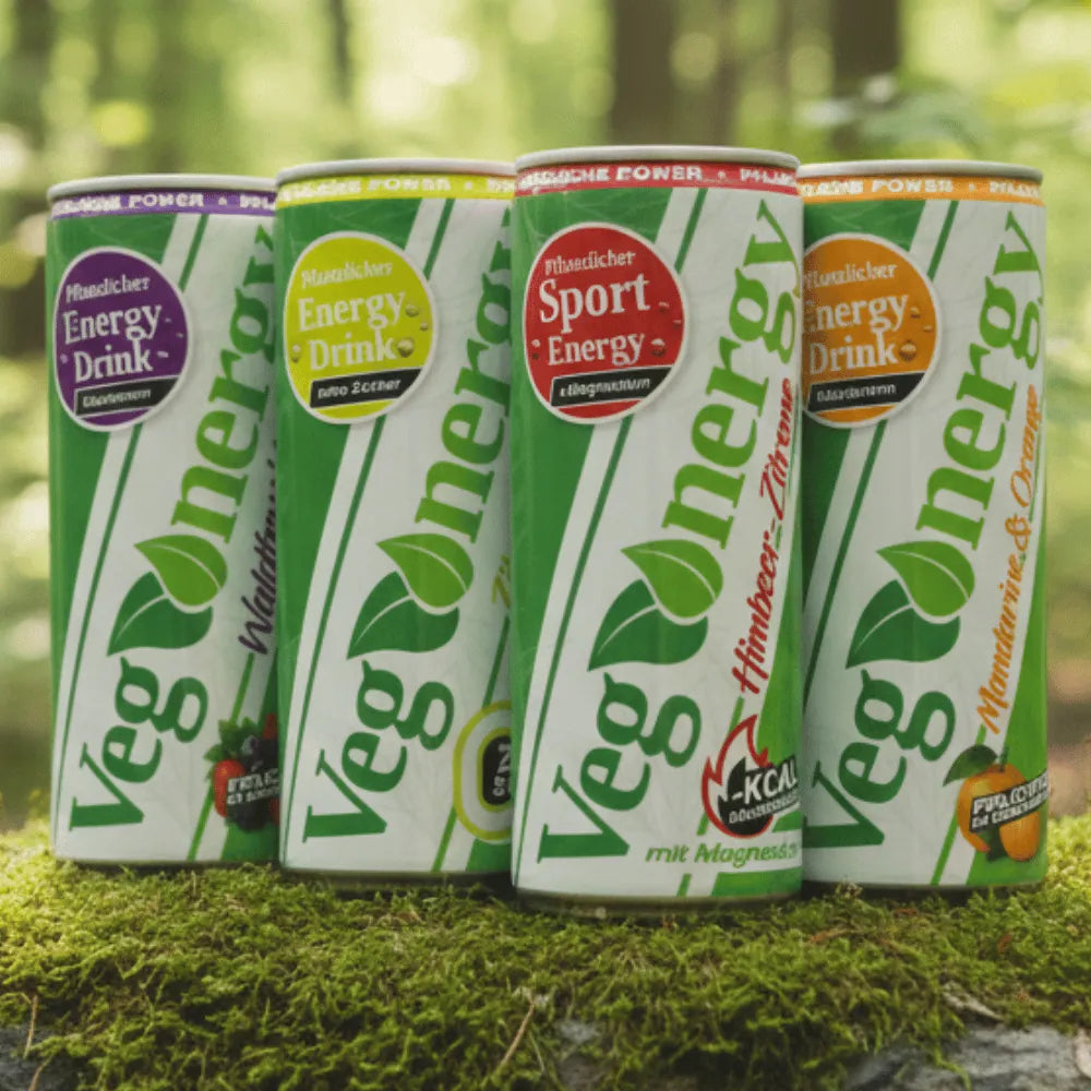 Vier Vegenergy Dosen in unterschiedlichen Sorten stehen nebeneinander auf Moos im Wald, natürliche Umgebung mit unscharfem Hintergrund.