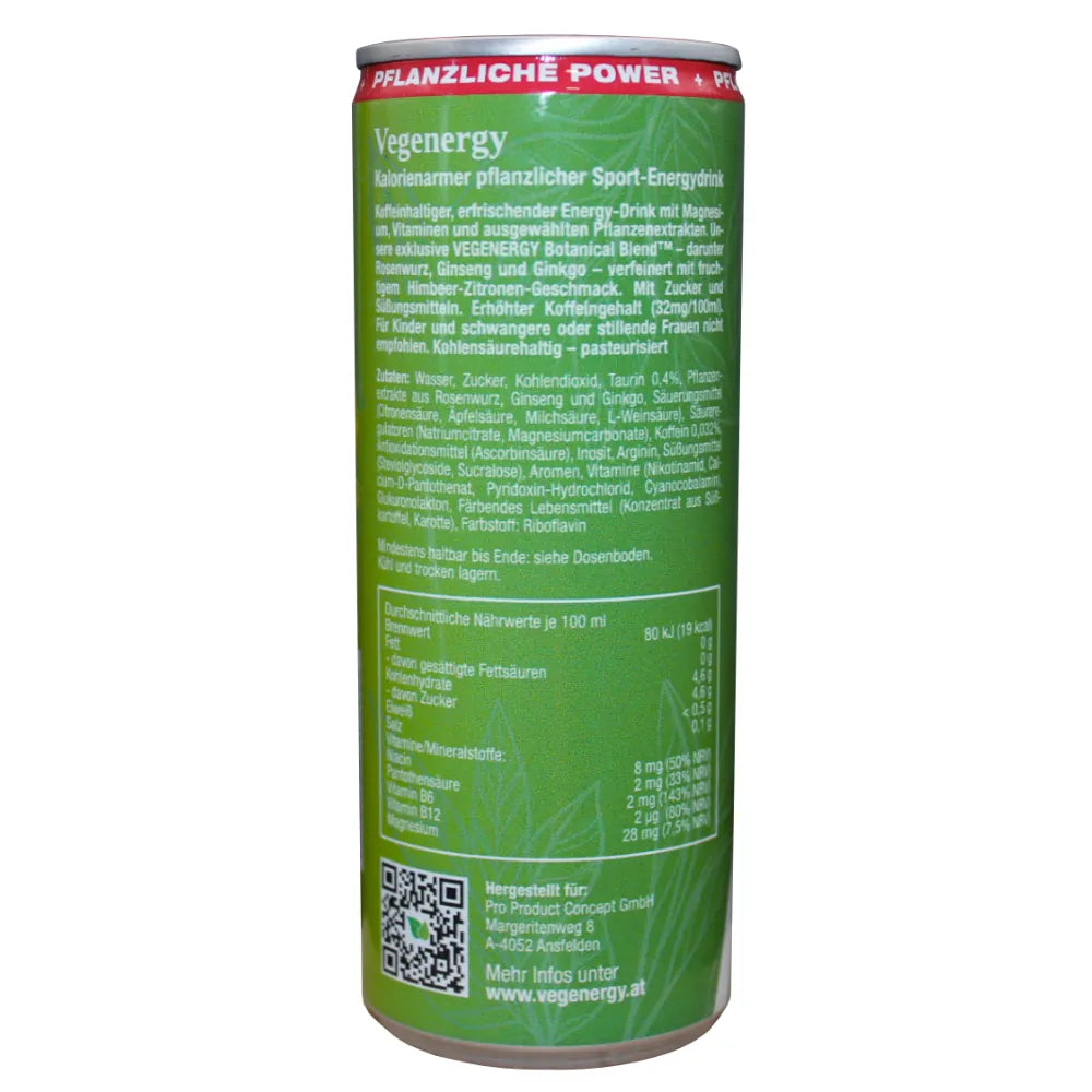 Rückseite der Vegenergy Himbeer-Zitrone Sport Energy Drink Dose mit Inhaltsstoffen und Nährwerttabelle