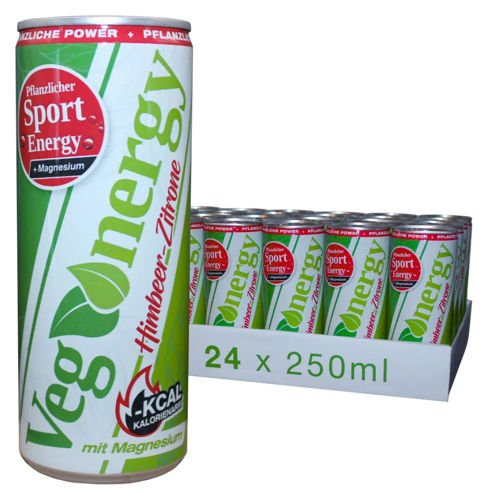 Vegenergy Himbeer-Zitrone Sport Energy Drink im 24er Tray mit 250 ml Dosen auf weißem Hintergrund