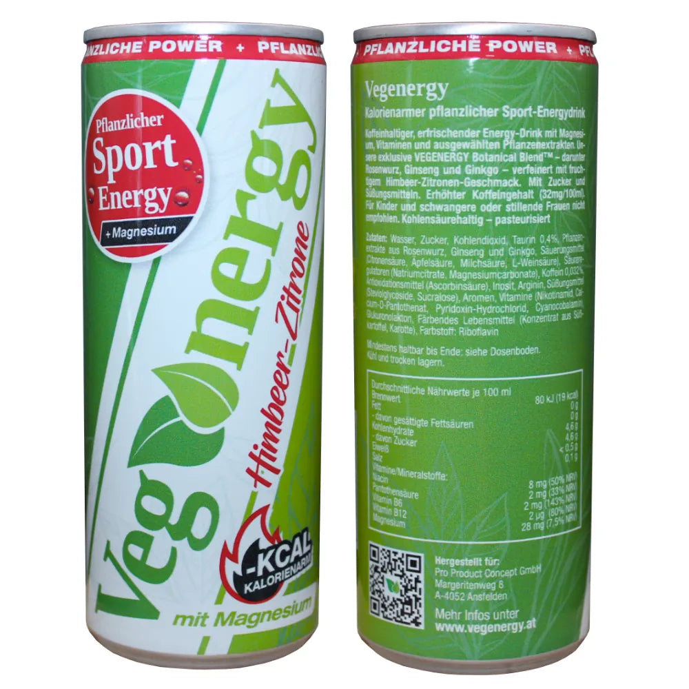 Vegenergy Himbeer-Zitrone Sport Energy Drink Dose mit Vorder- und Rückseite, Nährwerte und Zutaten sichtbar