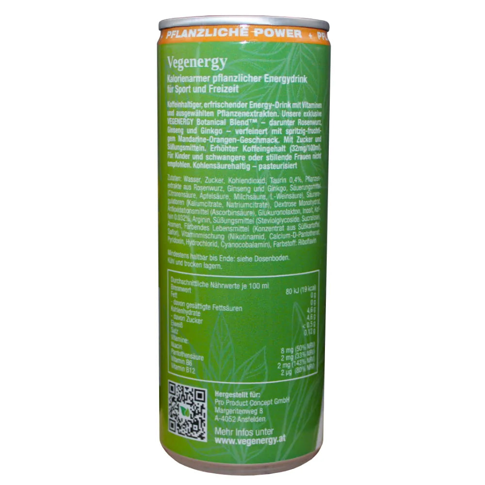Rückseite der Vegenergy Mandarine & Orange Energy Drink Dose mit Nährwerttabelle und Inhaltsstoffen