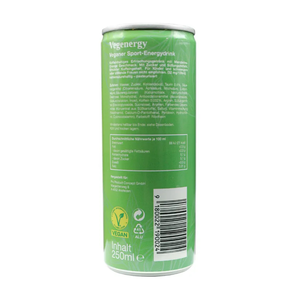 Vegenergy Mandarine & Orange Limited Edition von hinten – Inhaltsstoffe, Nährwerte und Zutatenliste auf der Rückseite der veganen Energy-Drink-Dose.