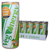 Vegenergy Mandarine & Orange Energy Drink im 24er Tray mit 250 ml Dosen auf weißem Hintergrund