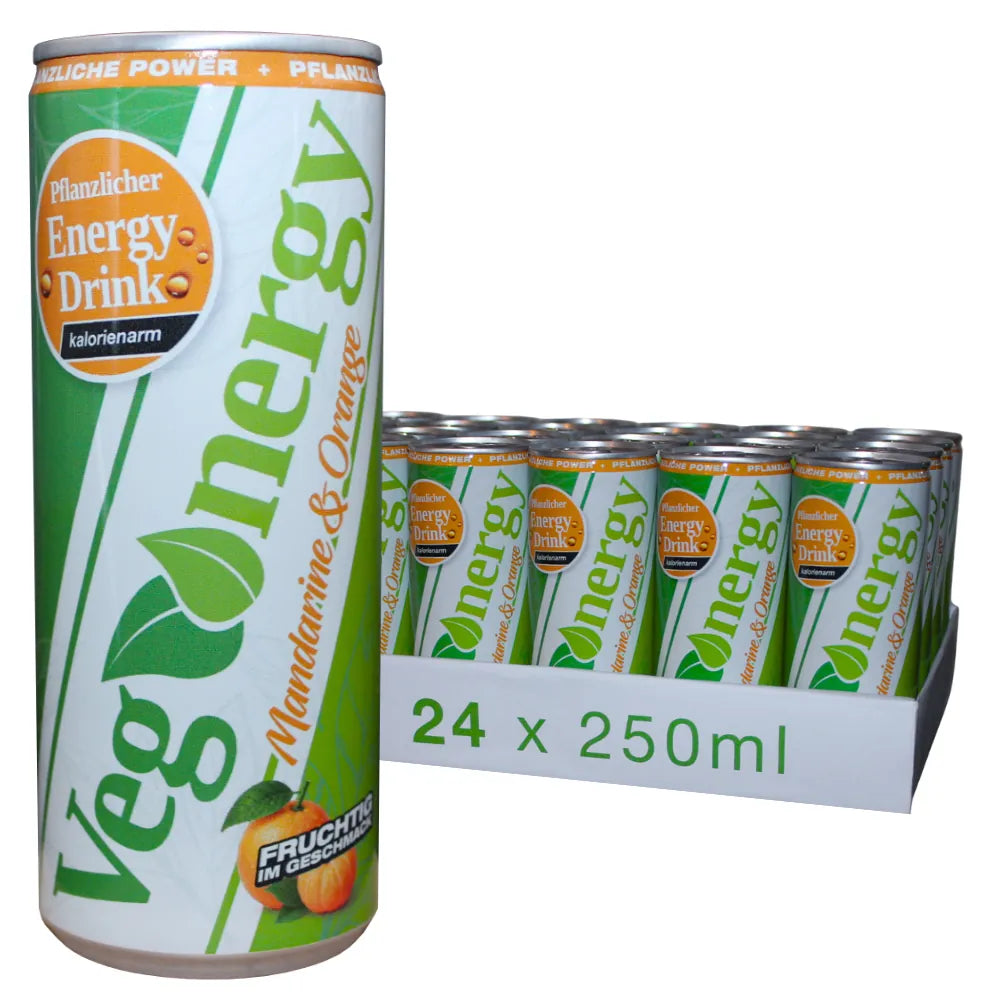 Vegenergy Mandarine & Orange Energy Drink im 24er Tray mit 250 ml Dosen auf weißem Hintergrund