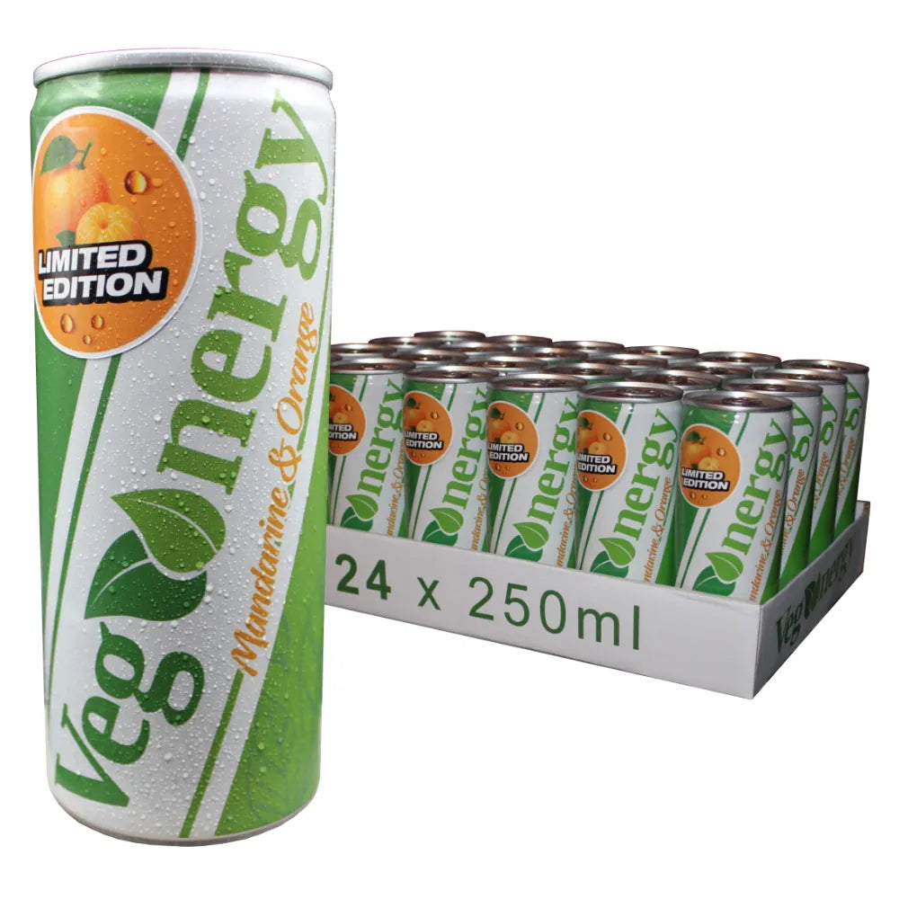 Vegenergy Mandarine & Orange Energy Drink Limited Edition – große Einzeldose links, rechts 24er-Tray der limitierten veganen Sorte für Sport und Alltag.