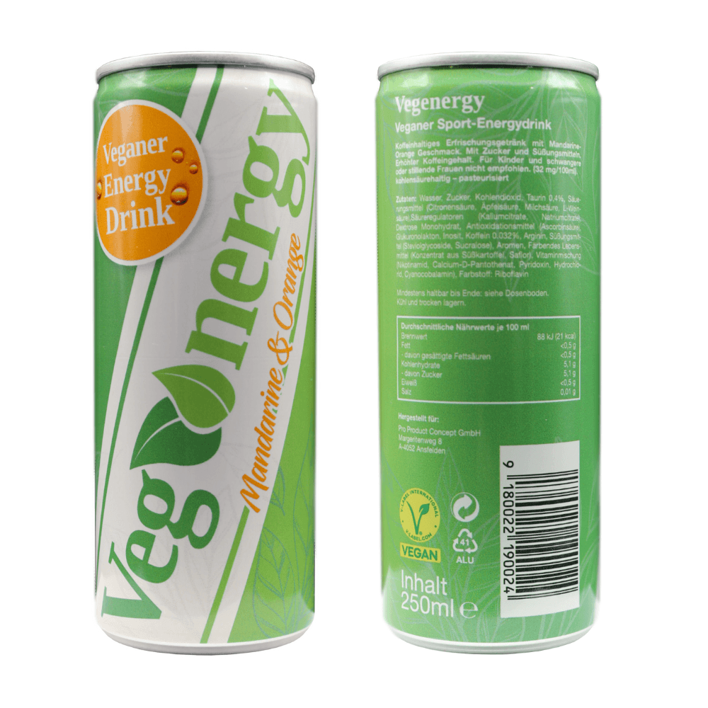 Vorder- und Rückansicht der großen Vegenergy Mandarine & Orange Dose – stylisches Design und transparente Information in einem Bild.