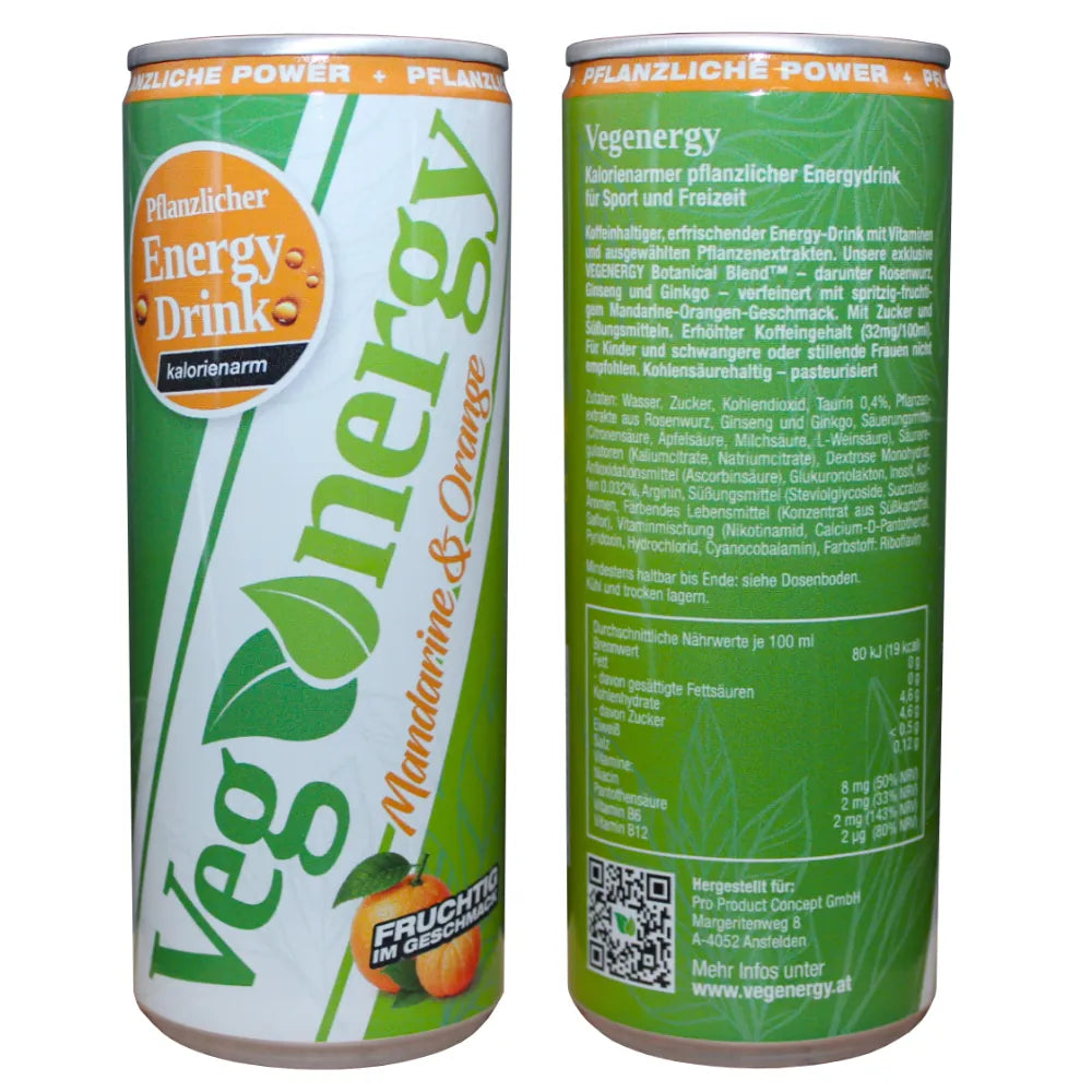 Vegenergy Mandarine & Orange Energy Drink Dose mit Vorder- und Rückseite, Zutaten und Nährwertangaben sichtbar