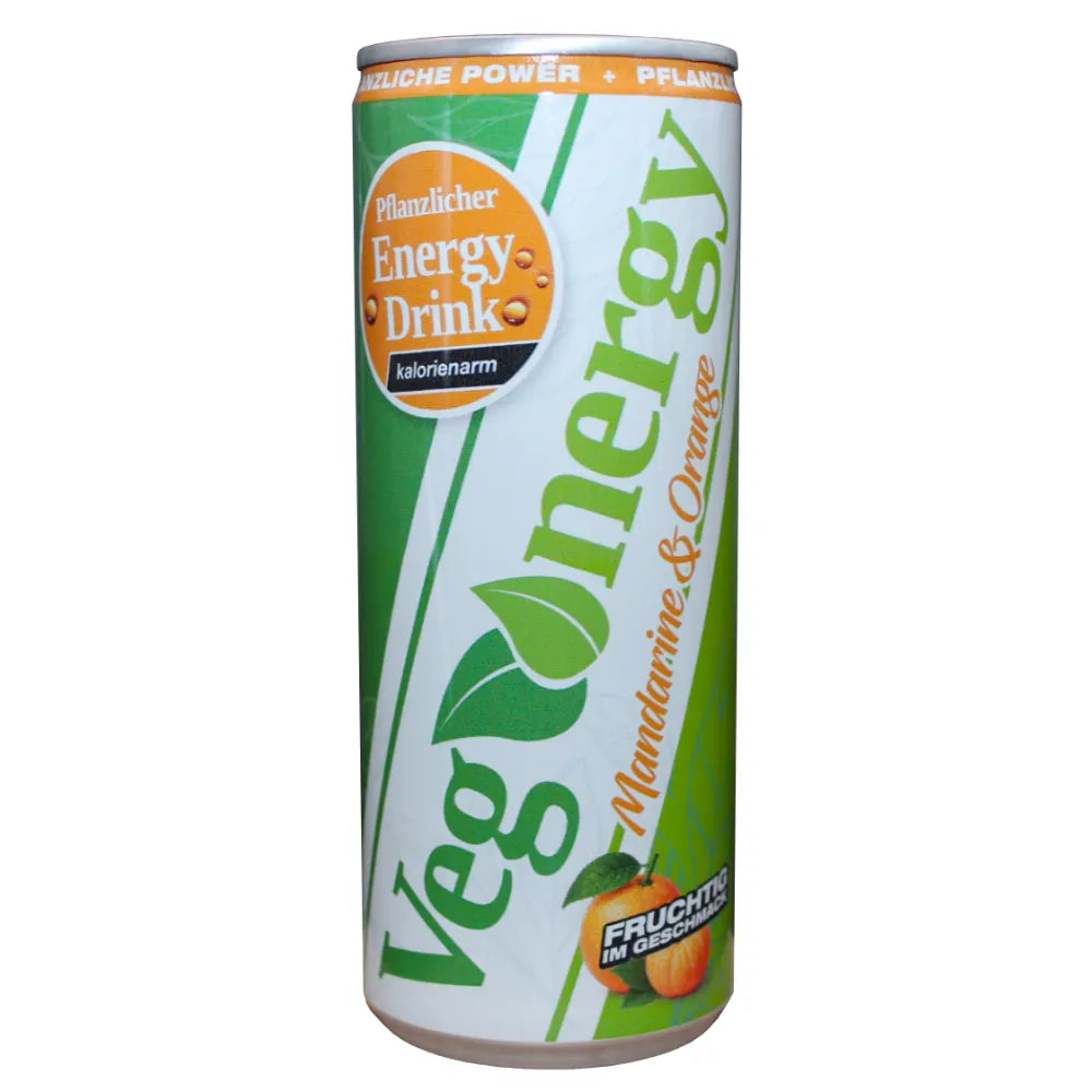 Vegenergy Mandarine & Orange Energy Drink Dose freigestellt, 250 ml, pflanzlicher Energy Drink