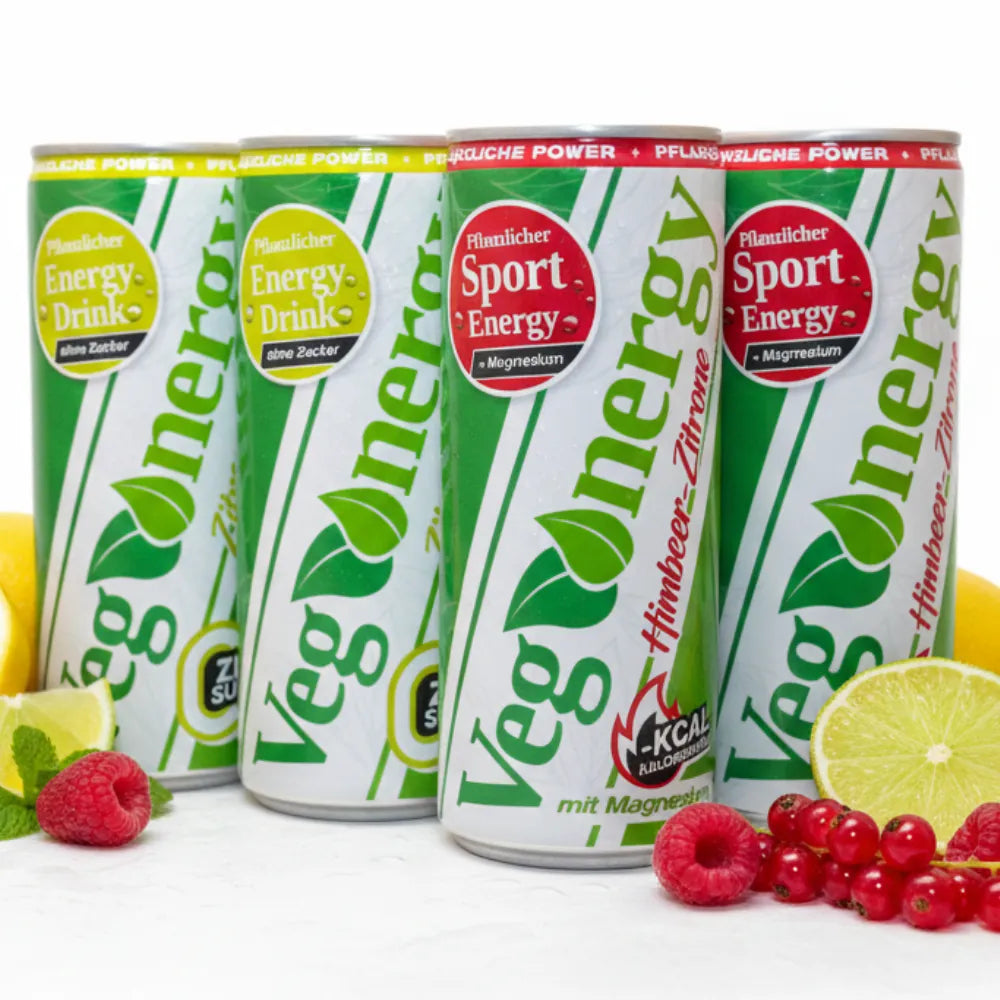 Vegenergy Sport Starterbox mit vier Energy-Drink-Dosen und Fruchtabbildungen