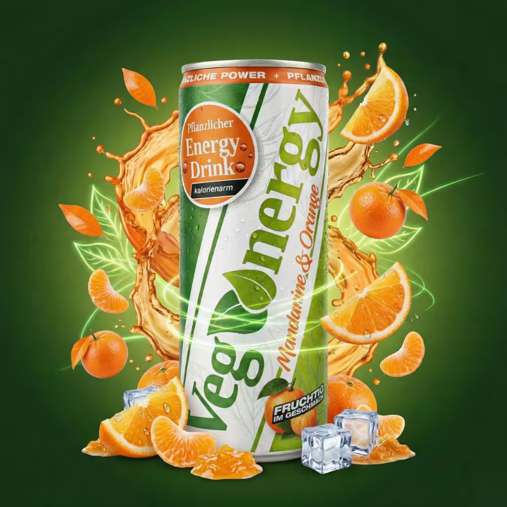 Vegenergy Mandarine Orange Dose vor grünem Hintergrund mit Orangen Splash, Mandarinenstücken und Eiswürfeln.