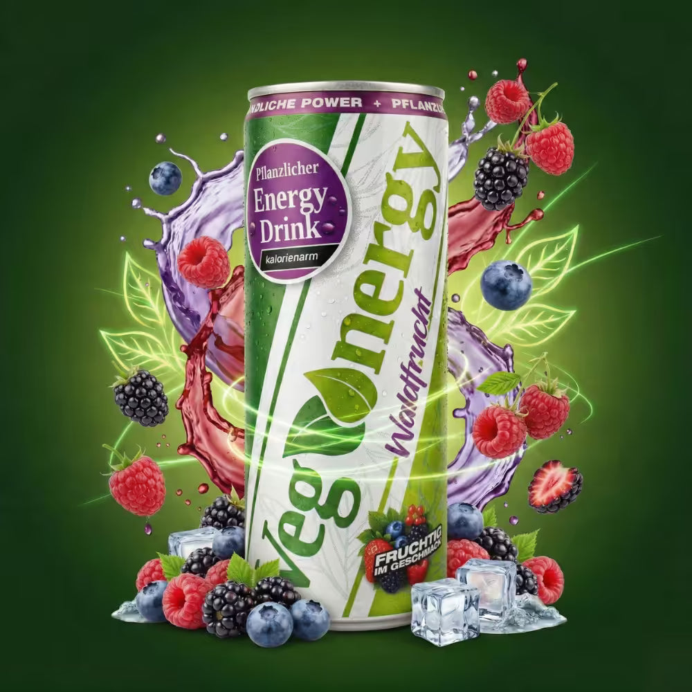 Vegenergy Waldfrucht Dose vor grünem Hintergrund mit Beeren Splash, Waldfrüchten und Eiswürfeln.