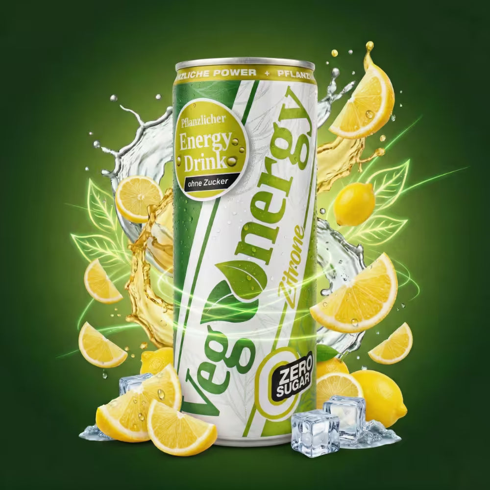 Vegenergy Zitrone Zero Dose vor grünem Hintergrund mit Zitronen Splash, Zitronenscheiben und Eiswürfeln.