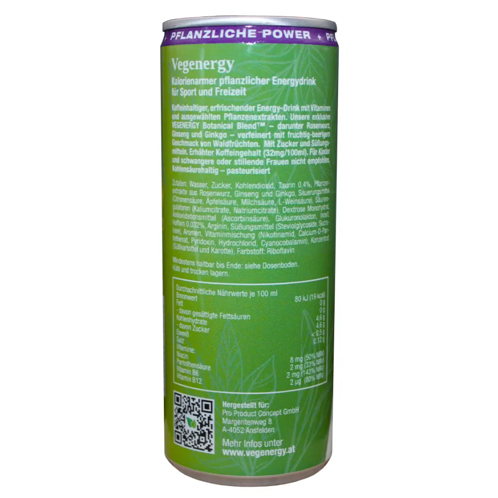Rückseite der Vegenergy Waldfrucht Energy Drink Dose mit Inhaltsstoffen und Nährwertangaben