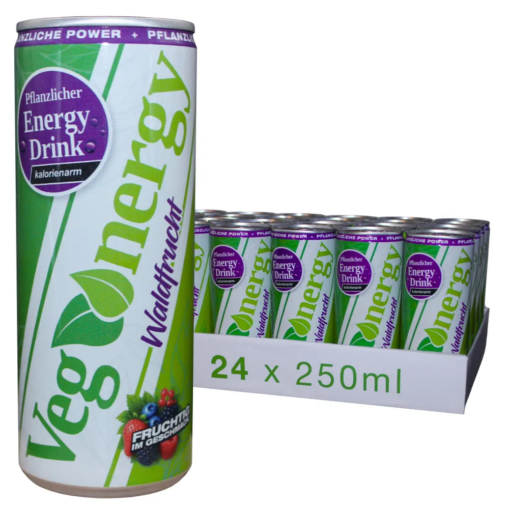 Vegenergy Waldfrucht Energy Drink im 24er Tray mit 250 ml Dosen auf weißem Hintergrund