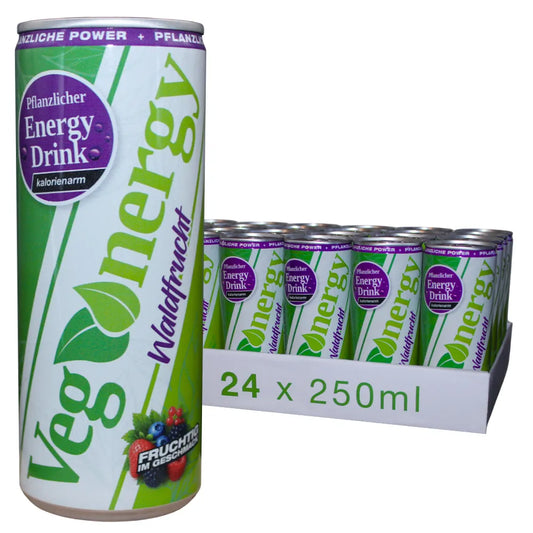 Vegenergy Waldfrucht Energy Drink im 24er Tray mit 250 ml Dosen auf weißem Hintergrund