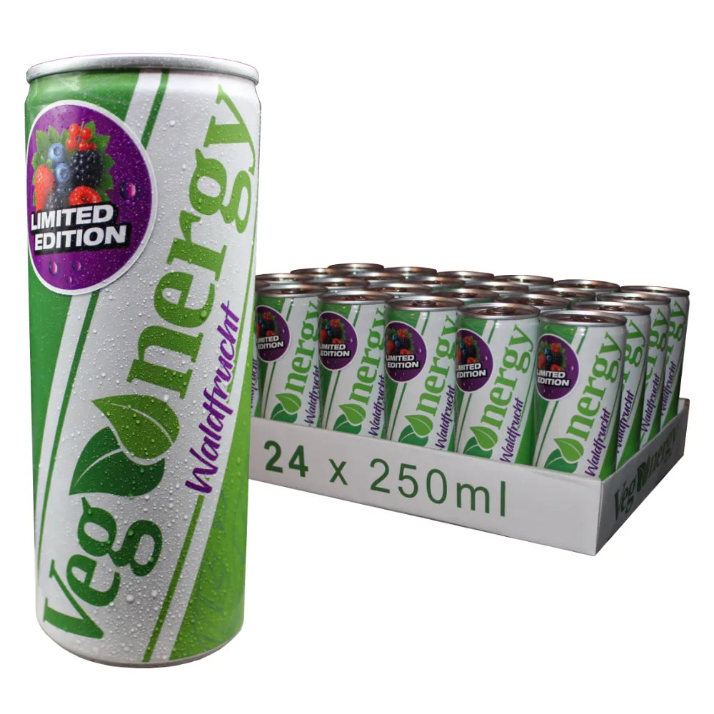 Vegenergy Waldfrucht Energy Drink Limited Edition – links große Einzeldose, rechts ein 24er-Tray der limitierten, veganen Waldfrucht-Sorte für aktive Menschen.