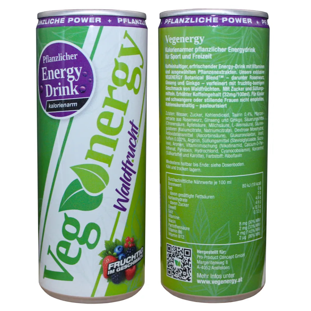 Vegenergy Waldfrucht Energy Drink Dose mit Vorder- und Rückansicht, Zutaten und Nährwerte sichtbar