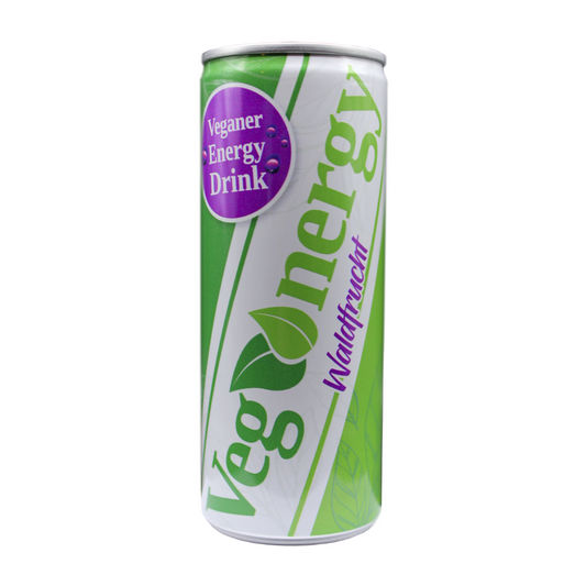 Große Dose Vegenergy Waldfrucht zentral im Bild – vegane Beerenpower für sportliche Leistung und mentale Frische.