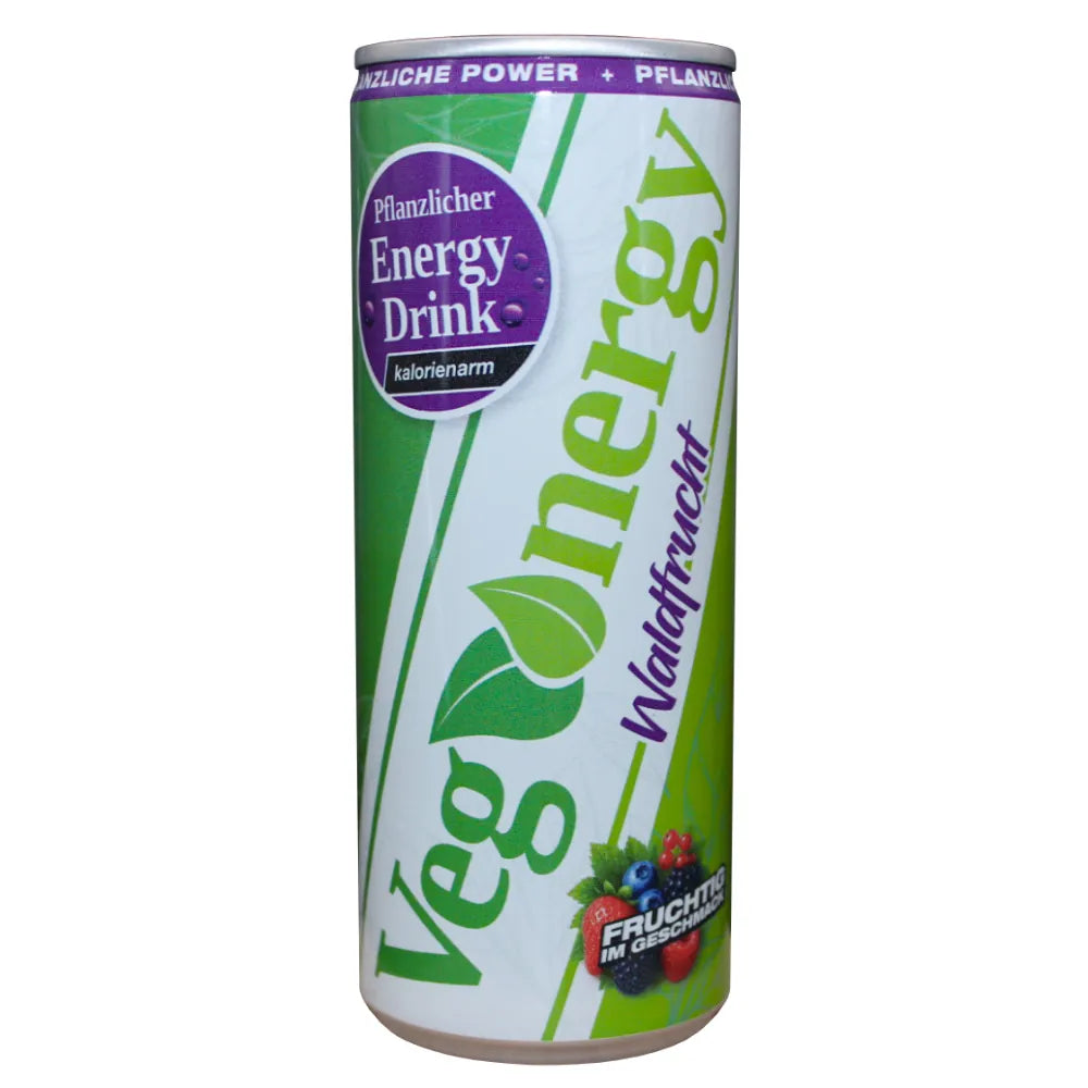 Vegenergy Waldfrucht Energy Drink Dose freigestellt, 250 ml, pflanzlicher Energy Drink