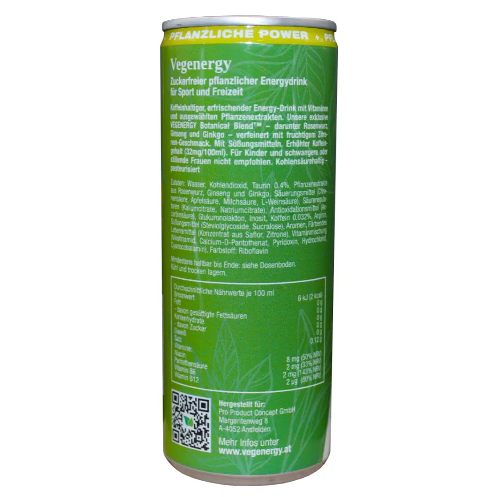Rückseite der Vegenergy Zitrone Zero Energy Drink Dose mit Zutatenliste und Nährwerten