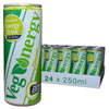 Vegenergy Zitrone Zero Energy Drink im 24er Tray mit 250 ml Dosen, zuckerfrei, auf weißem Hintergrund
