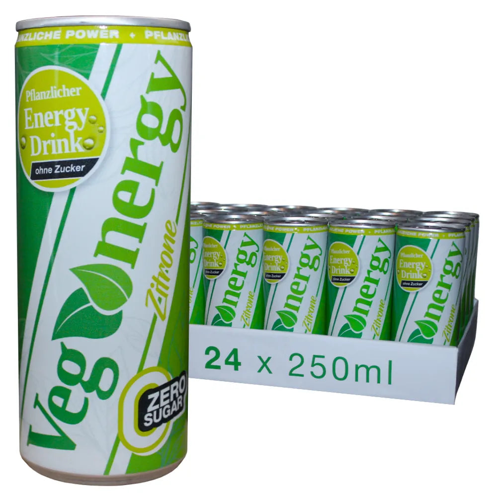Vegenergy Zitrone Zero Energy Drink im 24er Tray mit 250 ml Dosen, zuckerfrei, auf weißem Hintergrund