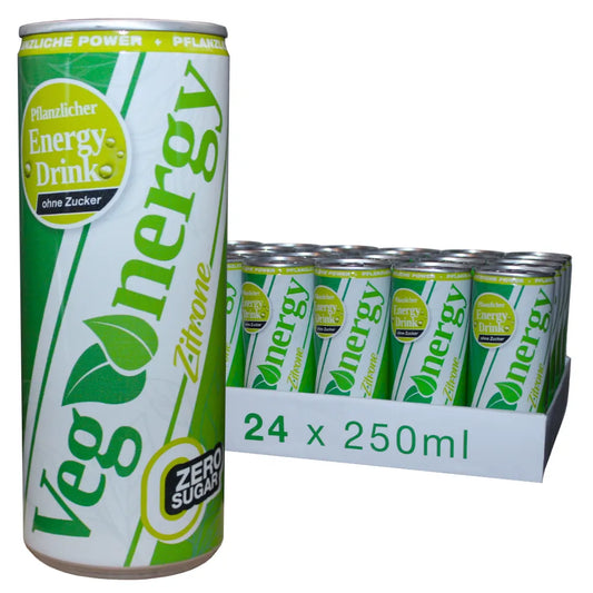 Vegenergy Zitrone Zero Energy Drink im 24er Tray mit 250 ml Dosen, zuckerfrei, auf weißem Hintergrund