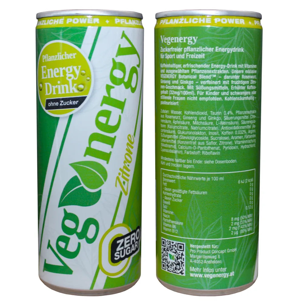Vegenergy Zitrone Zero Energy Drink Dose mit Vorder- und Rückansicht, zuckerfrei, mit Nährwertangaben
