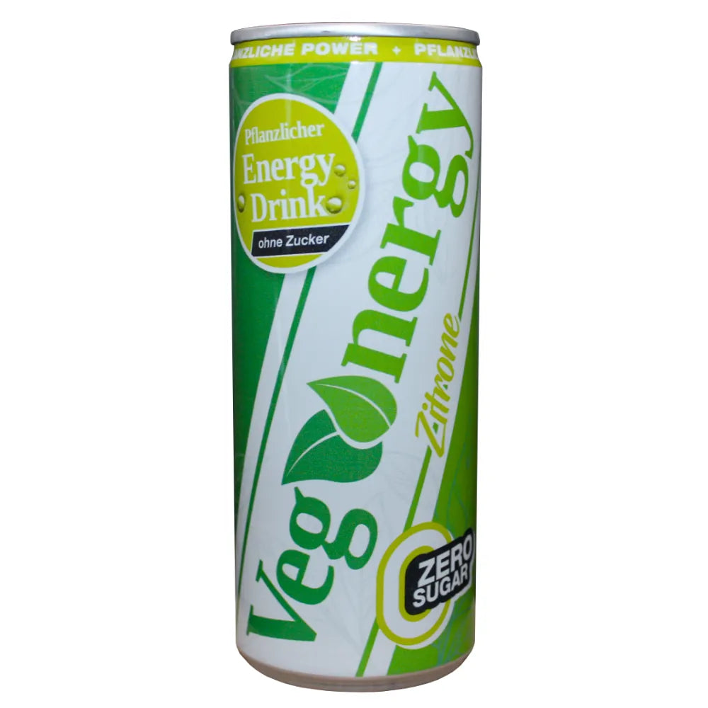 Vegenergy Zitrone Zero Energy Drink Dose freigestellt, 250 ml, zuckerfreier pflanzlicher Energy Drink